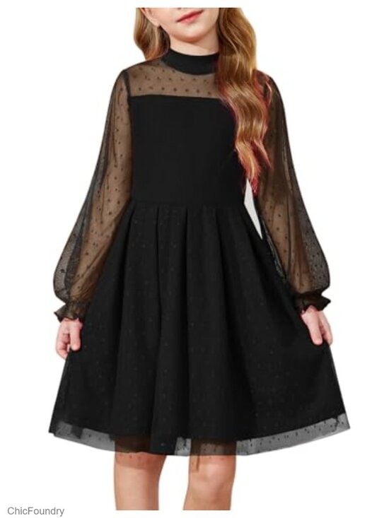 Other - Girls Contrast Mesh Puff Sleeve Mock Neck Formal A-Line Tulle Party Dress